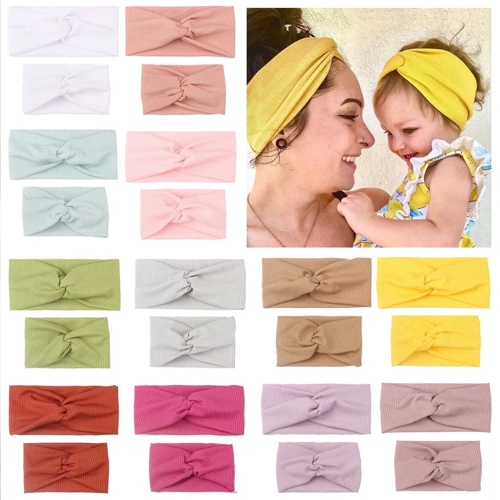 2 Pcs/set Solid Color Baby Girl Bow Headband Mother & Daughter Kids Head Band Hair Accessories Parent-Child Family Headwear