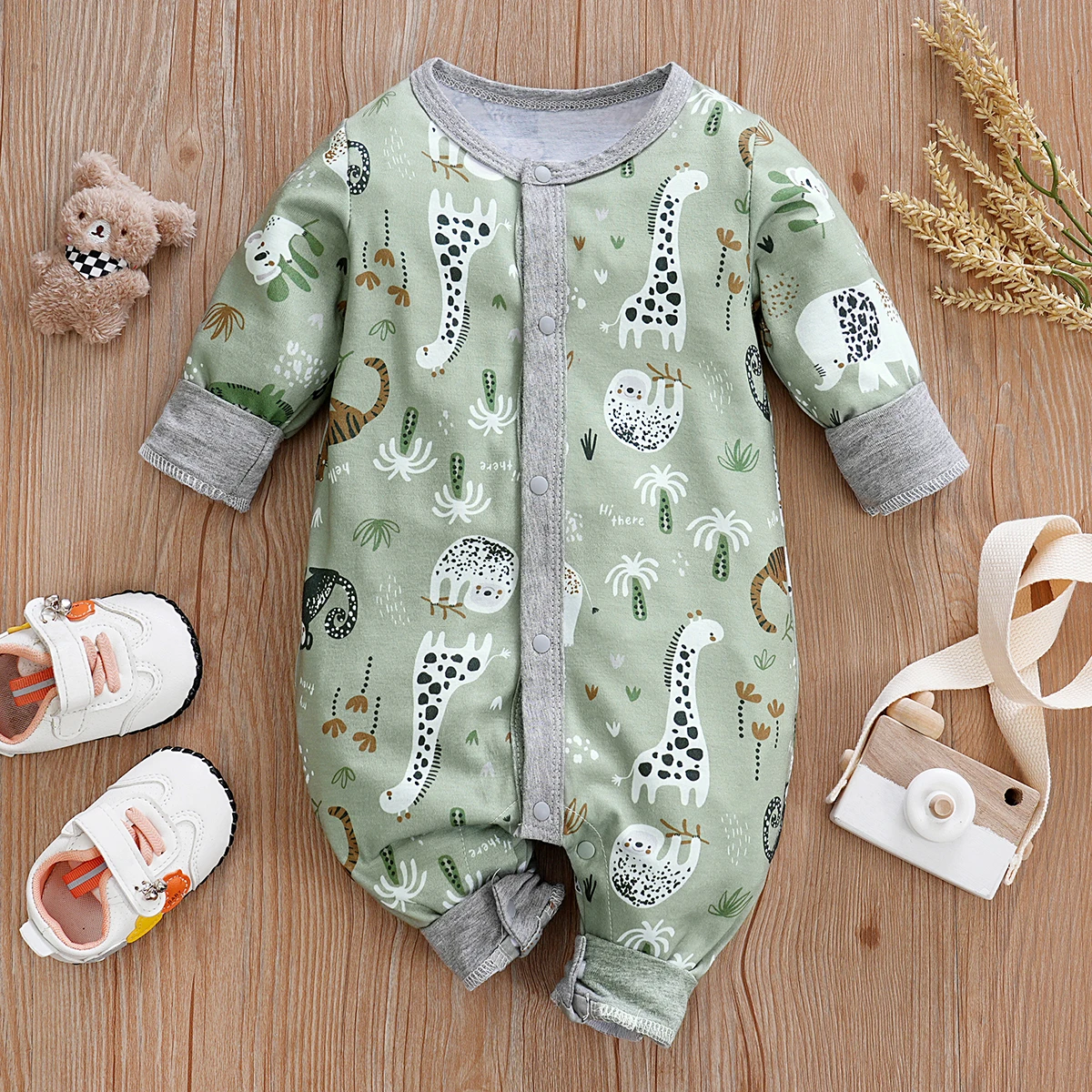 IURNXB Baby Jumpsuit Long Sleeve Boy Cute Newborn Outfit Cartoon Animal Allover Print Cardigan Infant Romper Spring Autumn 0-18M