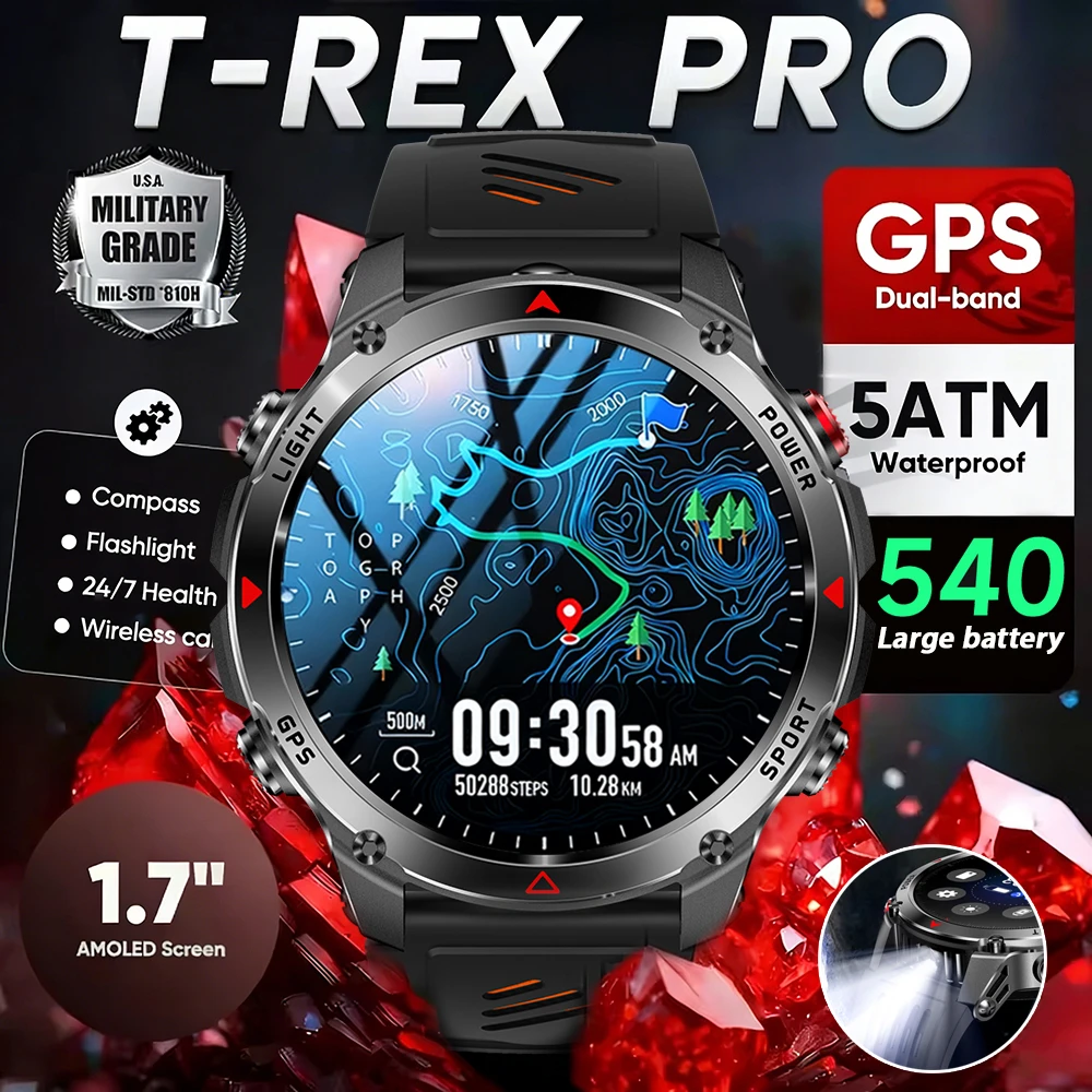 

Новые умные часы 2026 года для мужчин, военные, для активного отдыха, с AMOLED-экраном 1,46 дюйма, встроенным GPS, компасом, альтиметром, водонепроницаемостью 5ATM, функцией звонков по Bluetooth
