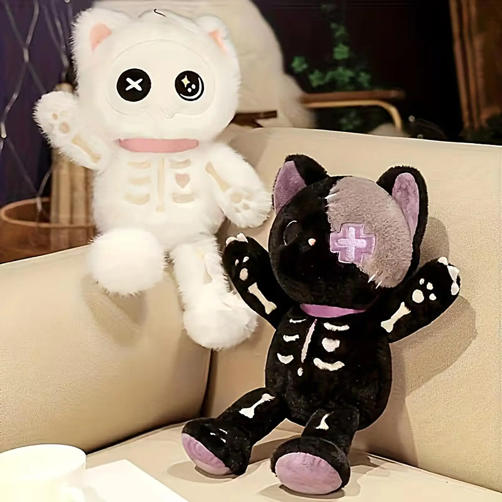 Halloween Cat Stuffed Animal 15.7in Skeleton Plush Doll Soft Funny Ornament for Bed Sofa Bookshelf Living Room Party Decor