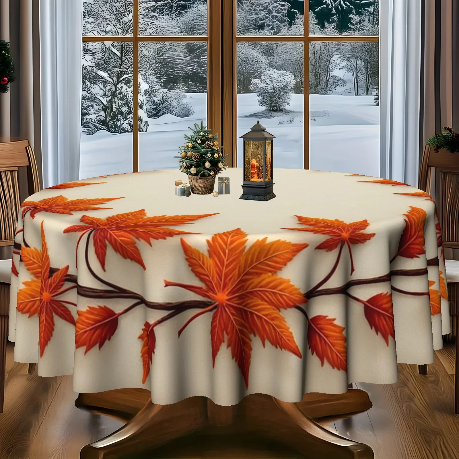 A tablecloth with a leaf and flower pattern depicting Christmas, Easter and autumn themes