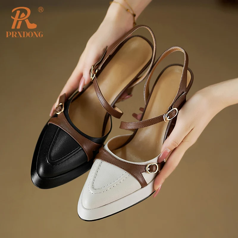 PRXDONG Women\'s Shoes New Genuine Leather Summer Dress Party Office Lady Pumps High Heels Platform BlacK Beige Retro Female 39