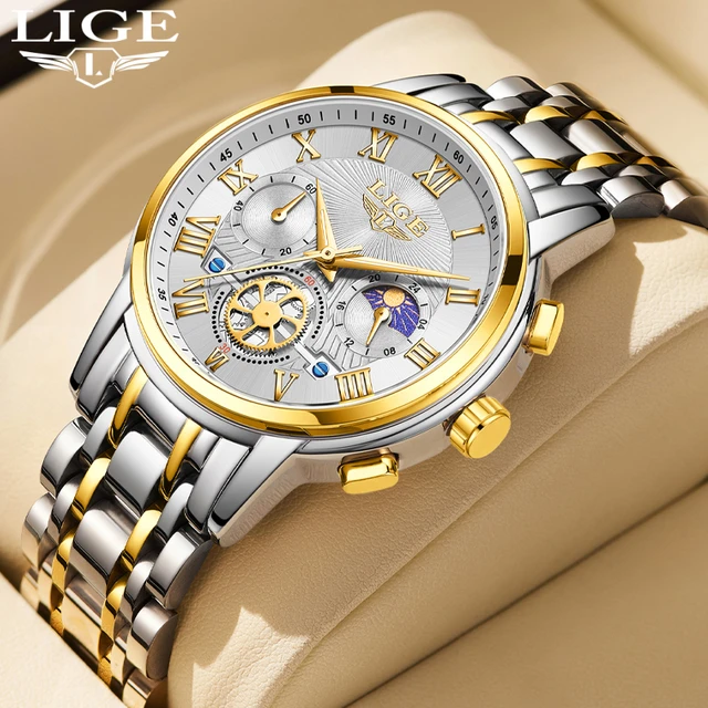 Lichte Horloges Heren Chronograaf Luxe Zakelijke Jurk Klok Quartz Rvs Heren Horloge Waterdichte Lichtgevende Polshorloges Doos AliExpress