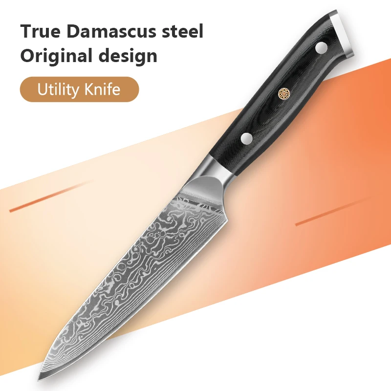 

5 Inch Kitchen Utility Knife Damascus Steel Chef Knife Peeling Fruit Knife Vegetable with G10 Handle.