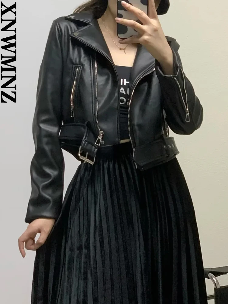 XNWMNZ 2022 Women Fashion Black Faux Leather PU Jacket Woman Belt Zipper Slim Fit Short Outerwear Female Chic Jacket