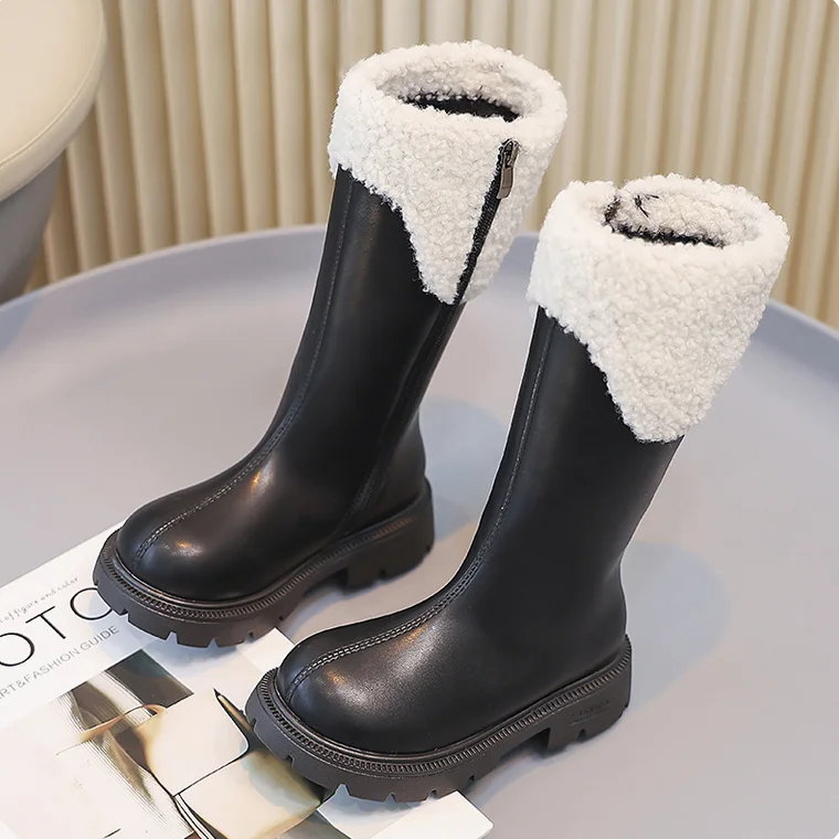 Girl's Long Boots Black PU Leather Platform Plush Boots Trendy Children Winter Zipper Knee-high Boots Handsome Stylish Kids Shoe