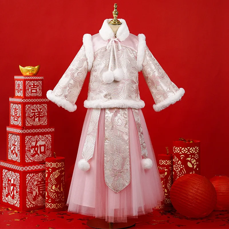 

Girls Winter New Quilted Children's Hanfu Dress With Cloak Lovely Girl Kids Princess Costume Dress Chinese New Years Clothes