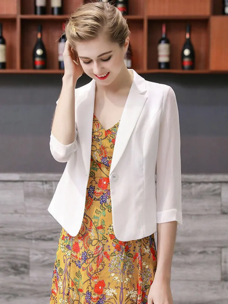 New Summer Casual All-match Women 3/4 Sleeve Blazers Temperament Commute Elegant Single Button Thin Outerwear Spring