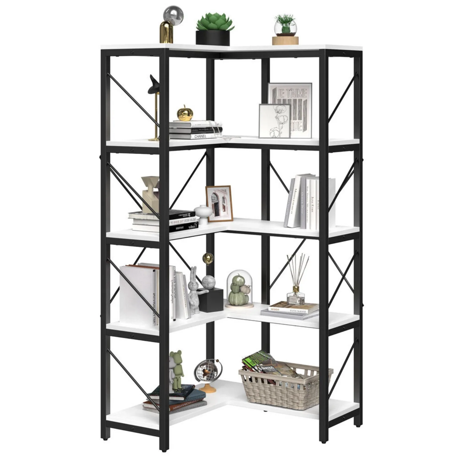 

5 Tier Bookcase Etagere Bookshelf L-Shaped Corner Display Rack Storage Shelves United States