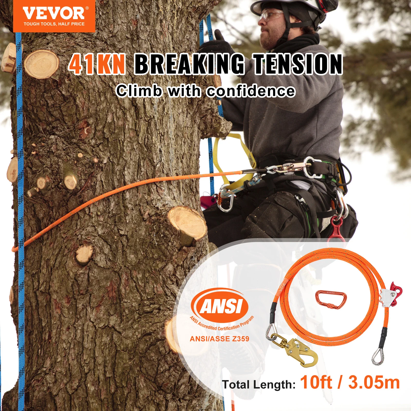 VEVOR 16/12,7 mm Nucleo in acciaio Flipline Arborist Flipline per arrampicata sugli alberi 30KN Tensione di rottura per protezione anticaduta Scalatore di alberi