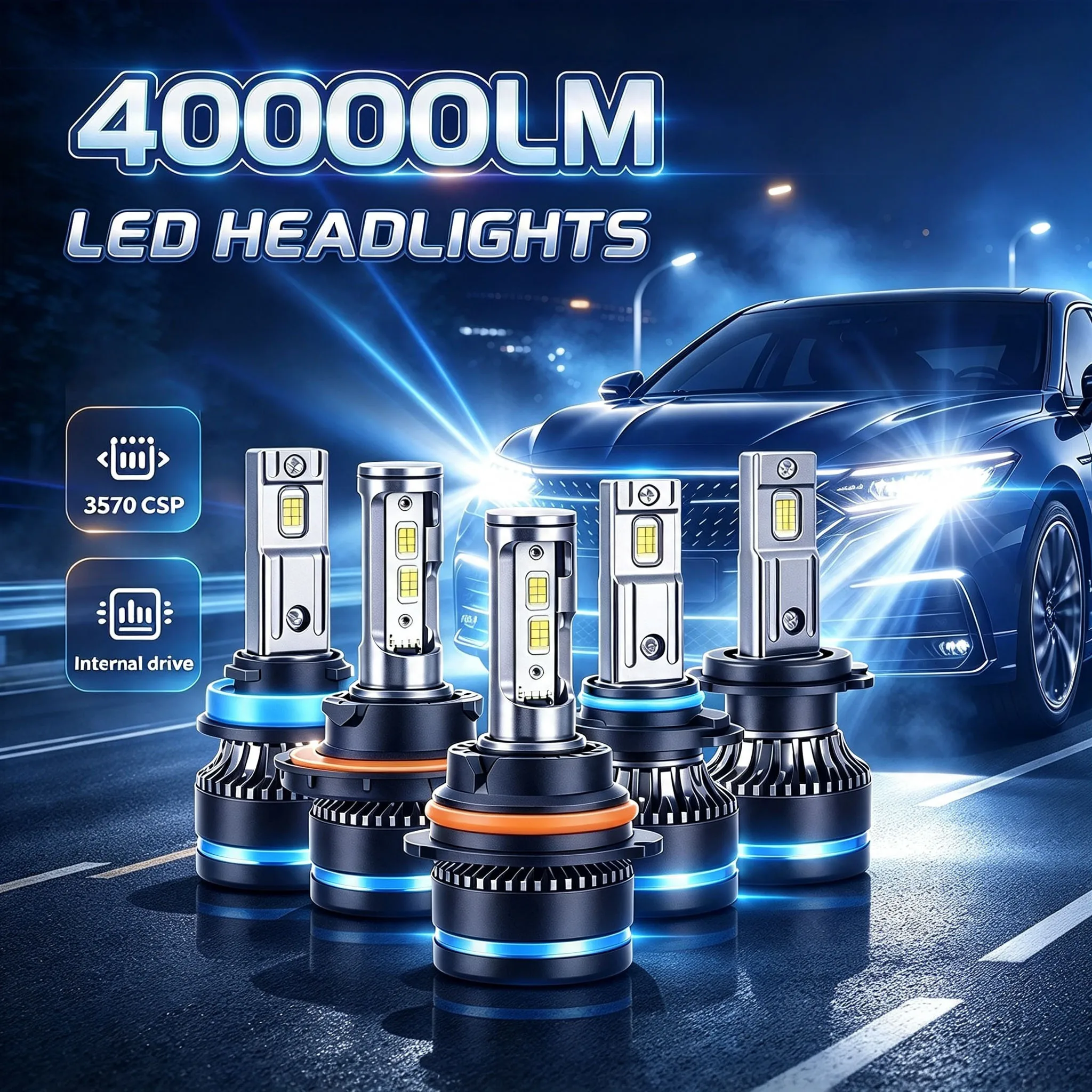 Roadsun H7 H11 9005/HB3 H4 9007 H13 LED Headlight Bulbs 120W 40000LM H1 9006/HB4 LED HeadLights 6000K White Mini Size