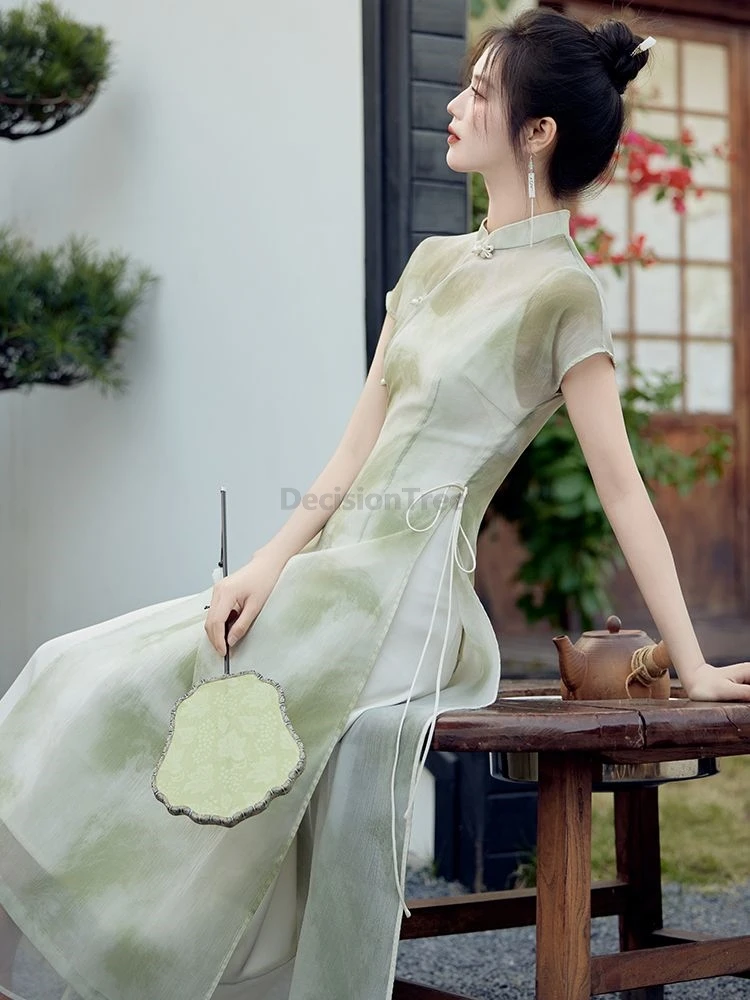 

2025 изящное литературное искусство, женское повседневное улучшенное Ципао, ретрил в китайском стиле, дзен Ципао, изысканное платье феи с градиентом и принтом