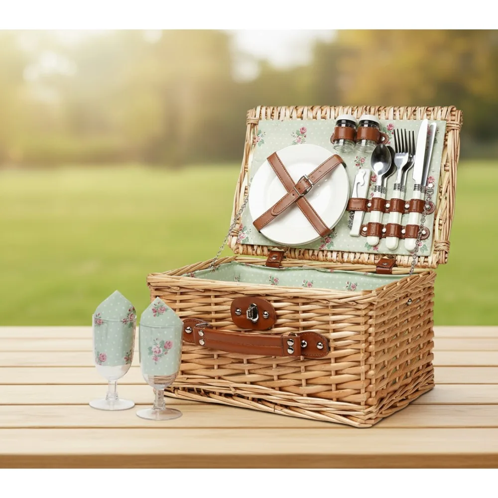 سلة نزهة من الخيزران مصنوعة يدويًا لشخصين مع أواني، مثالية للتخييم في الهواء الطلق وتواريخ رومانسي #1