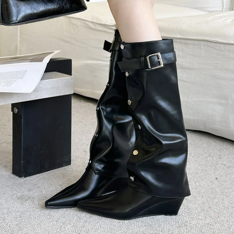 Eilyken Autumn Winter Design Splicing Buckle Strap Knee-High Boots Women Pointed Toe Shoes Fashion Wedges Heels Long Booties