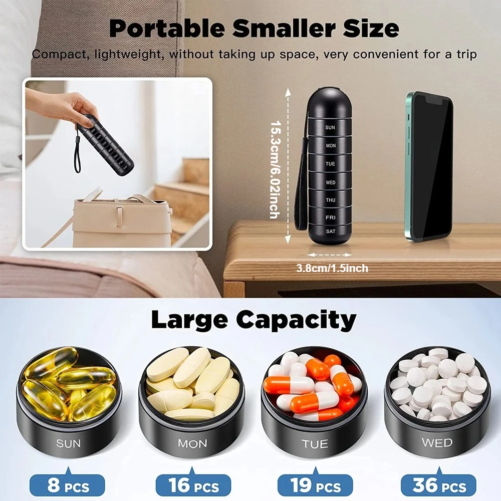 Aluminium Travel Pill Organizer Weekly Metal Pill Case Travel Bottle Pill Holder Moisture Proof Waterproof Daily Pill Box 7 Day