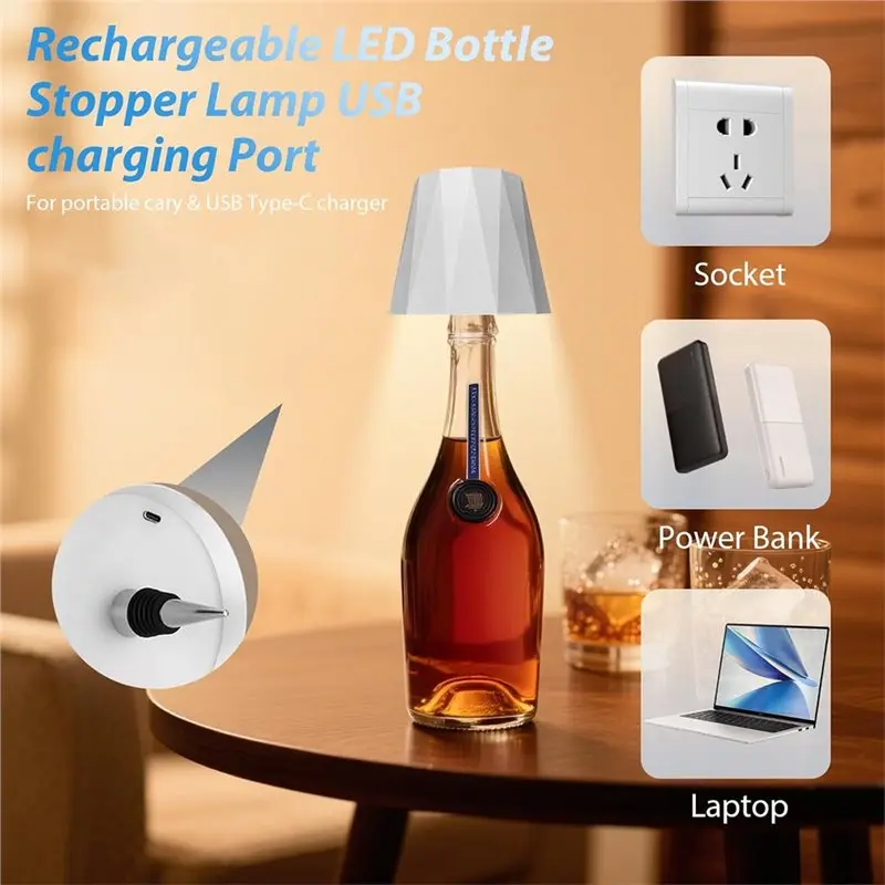 HOT-Wireless 3-Color Touch Dimmable Wine Bottle Lamp Rechargeable Bottle Lights For Bedroom Bars Restaurants Black