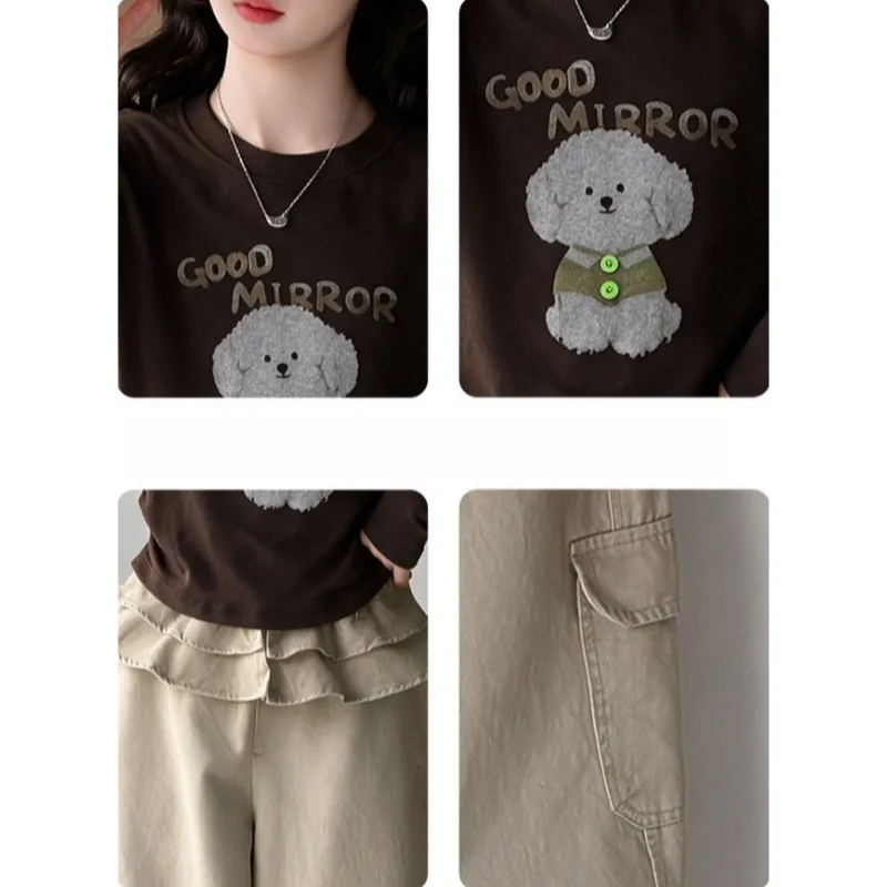 Girls Cute Puppy Print Long Sleeve T-shirt and Ruffled Cargo Pants Children Clothes Suit 2026 4