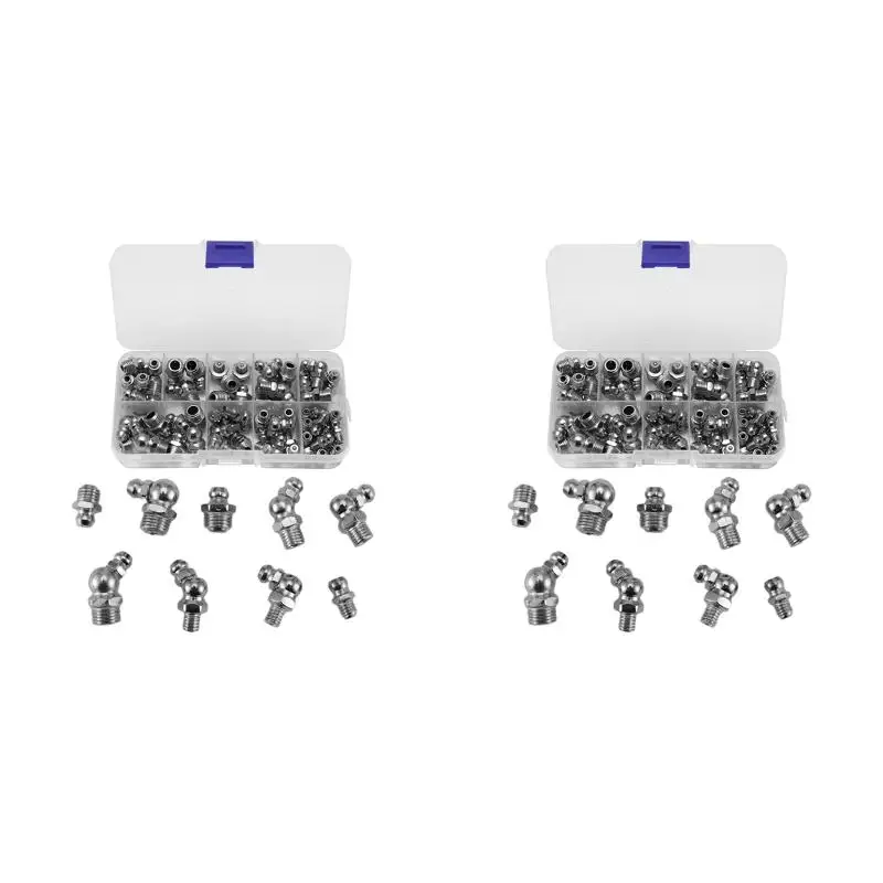 2PackX(60Pcs Metric Grease Fittings Kit, M6 M8 M10 45 90 Degree Hydraulic Grease Zerk Assortment for Angled Grease Mechanical)