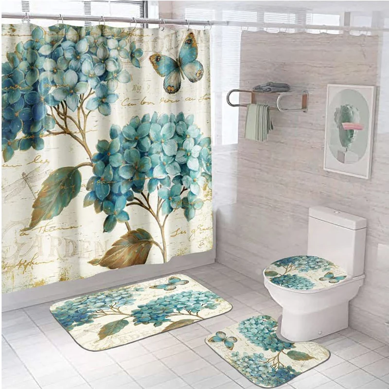 Butterfly Flower Printed Bathroom Shower Curtain Set Waterproof Shower Curtain Anti-skid Rugs Carpet Toilet Lid Cover Bath Mat