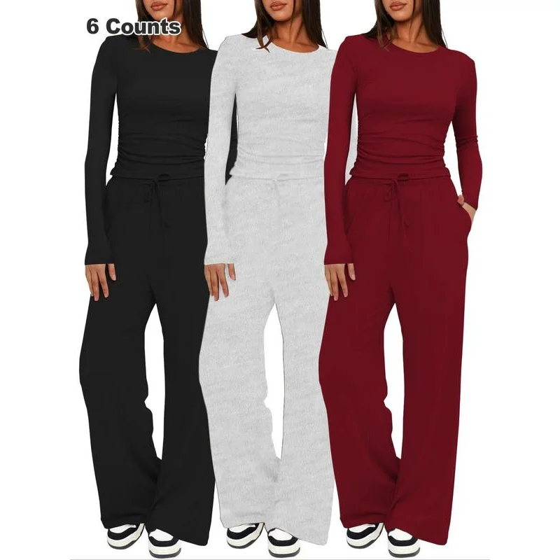 Two piece women's solid color pleated T-shirt and drawstring pocket pants pajama set, suitable for all seasons