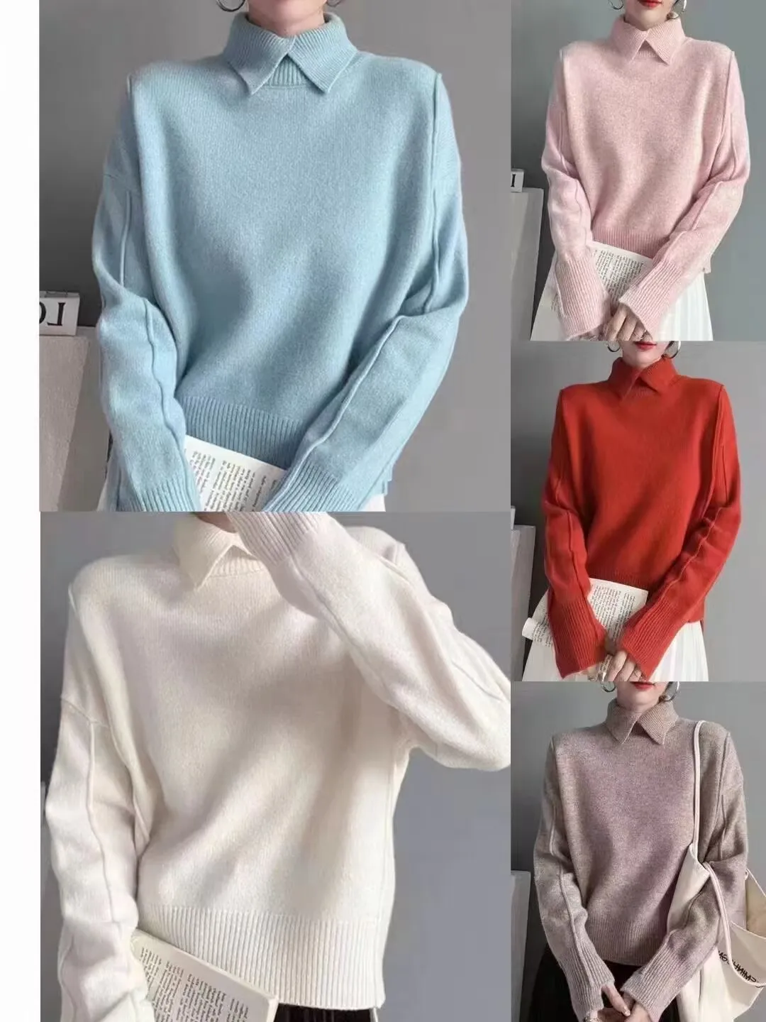 

2025 New Polo Collar Knitted Sweater Autumn Winter Women Elegant Solid Color Sweater Female Soft Pullover Casual Bottom Shirt
