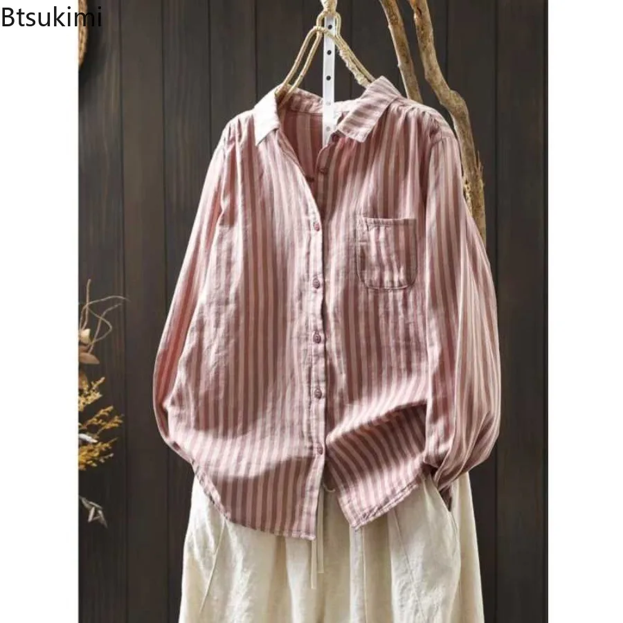 

Spring Women's Clothing Comfortable Cotton Yarn Striped Shirts Japanese Style Casual Loose Blouse Women Vintage Long Sleeve Tops