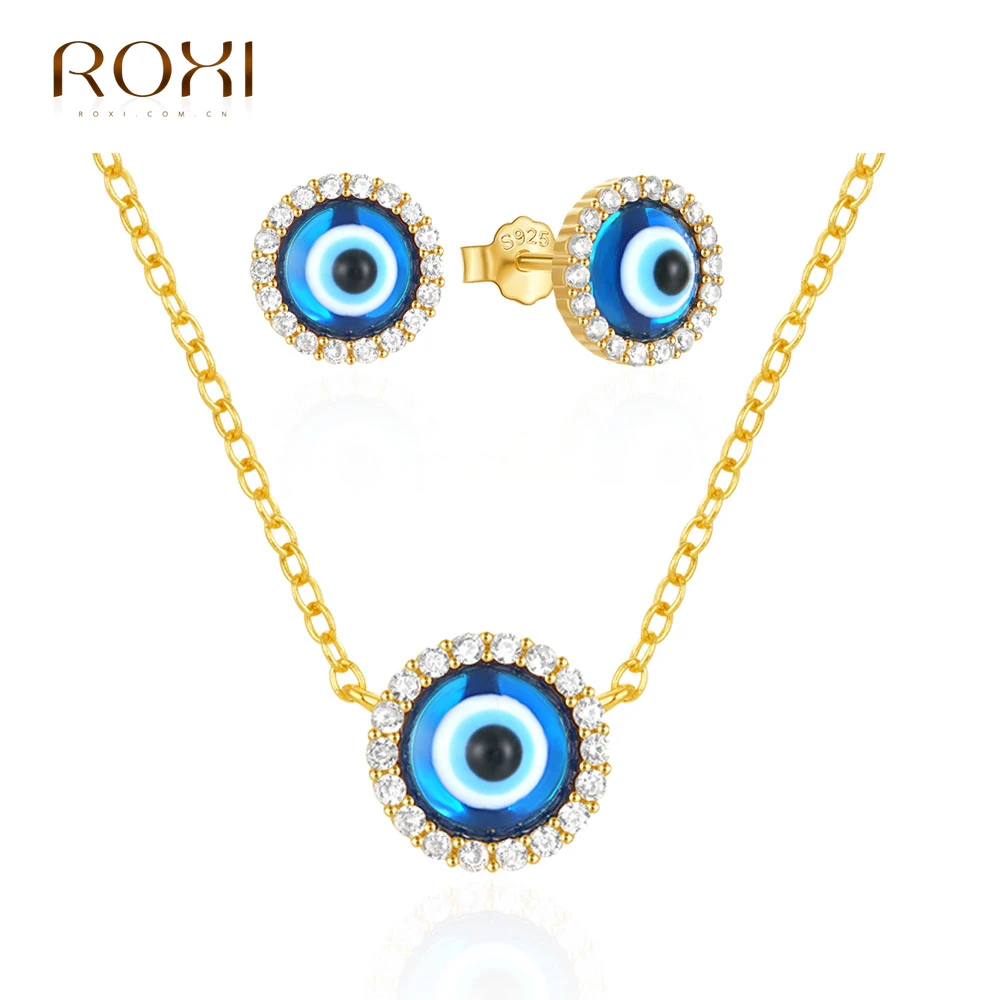 ROXI 925 Sterling Silver Blue Evil Eye Jewelry Set For Women Zircon Exquisite Necklace Earrings Party Unique Choose Gift