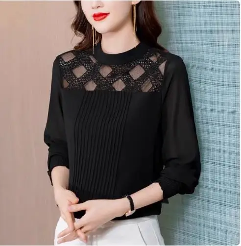

transparent women black blouses lady long sleeve chiffon shirts