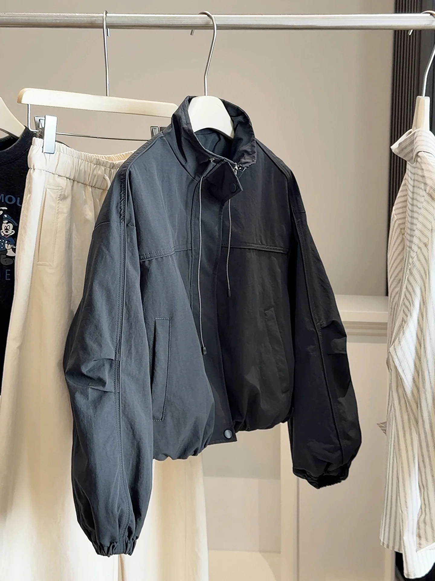 KoreanStyle Jacket Windproof Zippered Stand Jacket RelaxedFit Casual Petite Jacket AllSeason Lightweight Layering Coat