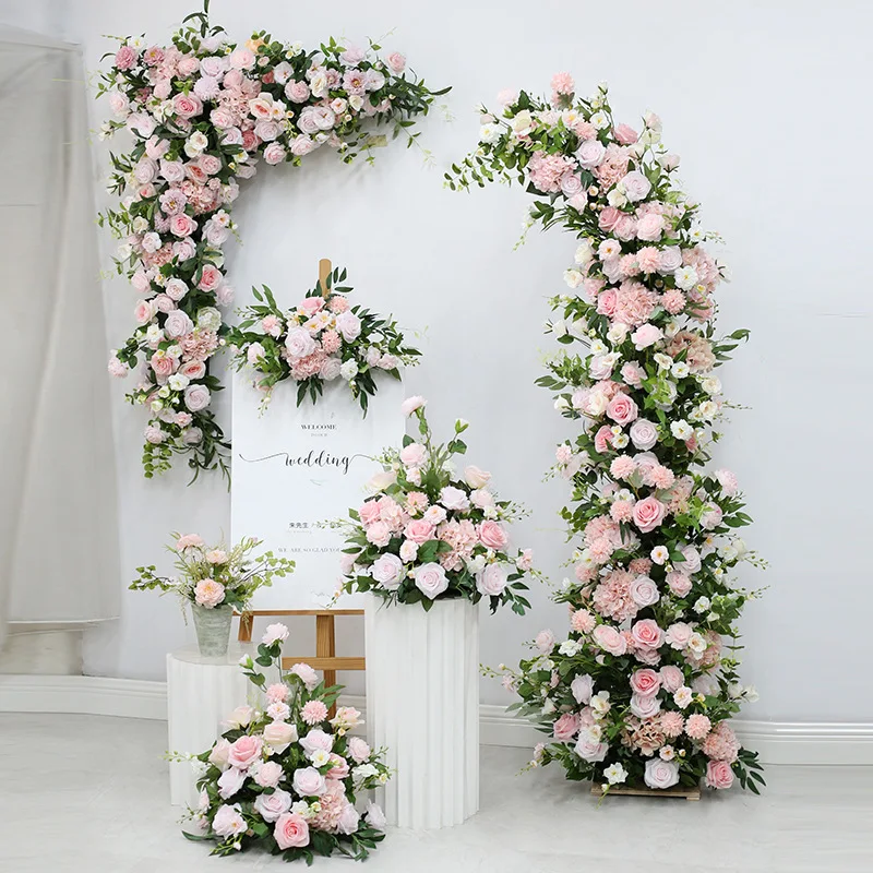 

Artificial Flower Row Wedding Floral Arch Arrangement Luxury Pink Rose Road Guid Flower Ball Wall Backdrop Welcome Sign Decor