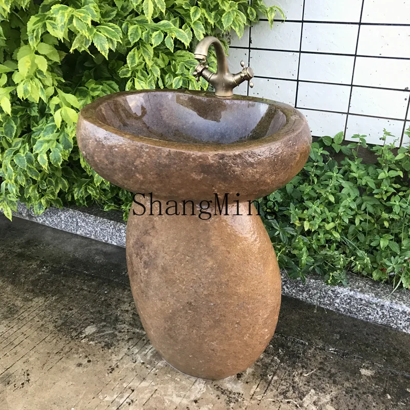 SM new outdoor garden poolside pillar wash basin integrated outdoor stone wash basin