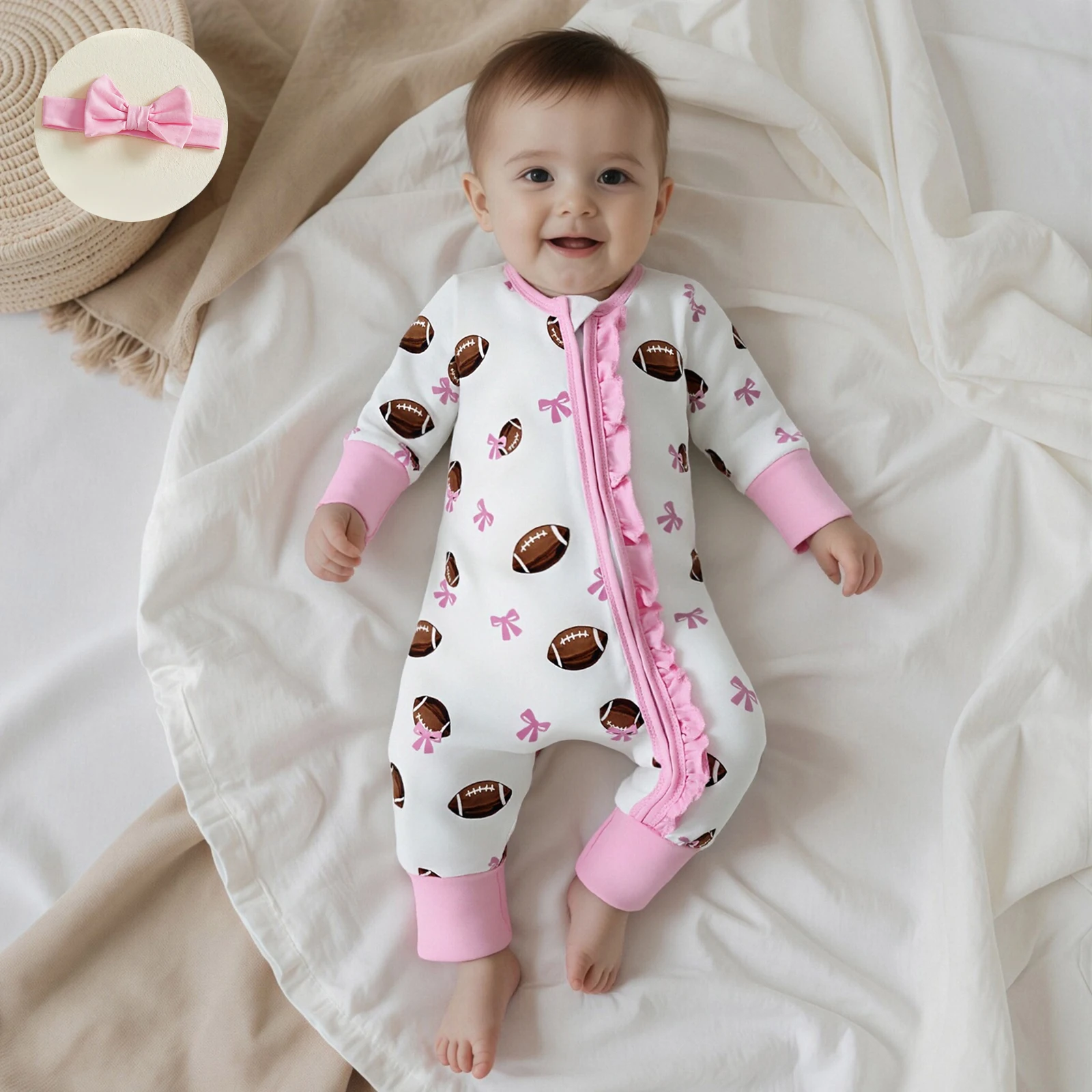 

Одежда для малышей, наряд для девочек, комбинезон на молнии с длинными рукавами и футбольным бантом, милый комплект для новорожденных девочек