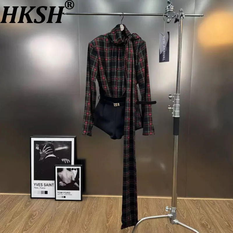 

HKSH Весна Осень Новая женская рубашка в клетку с лентой Топы с длинными рукавами Однотонные плиссированные шорты Сексуальный Y2K Модный повседневный комплект HK13750