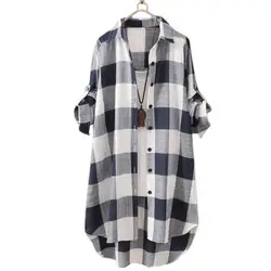 Stylish Sun Plaid Pattern Long Shirt Comfy Roll up Sleeve Buttons Closure Blouses Shirt Turn Down Collar Workwear