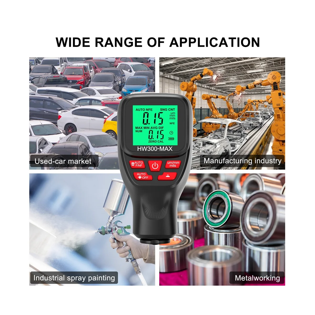 HW300-MAX Coating Thickness Gauge 0-2000UM Car Paint Film Thickness Tester Car Coating Measuring Tool Black