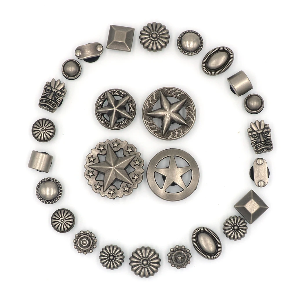 15Pcs Shoes Charms for Shoes Accessories Five-pointed Metal Star Badge Primitive Man Flower Silvery Hole Sandals Pin Ornament