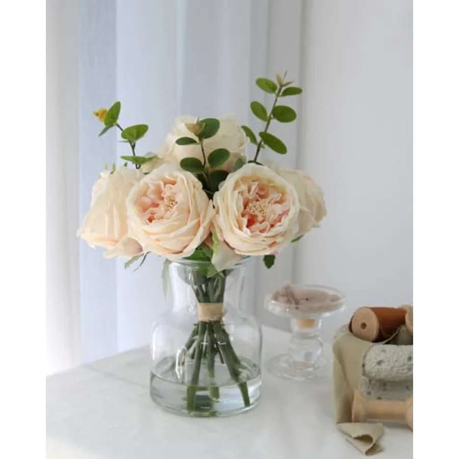 

Lifelike Artificial Champagne Roses in Vase - Eternal Table Centerpiece for Dining Room and Kitchen Decor - Faux Flower Arrange