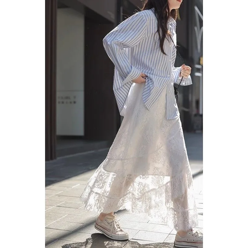 Długa spódnica damska plus size z białej koronki, elegancka, z wysokim stanem, wyszczuplająca, w kształcie litery A, drapowana, nowość 2025.