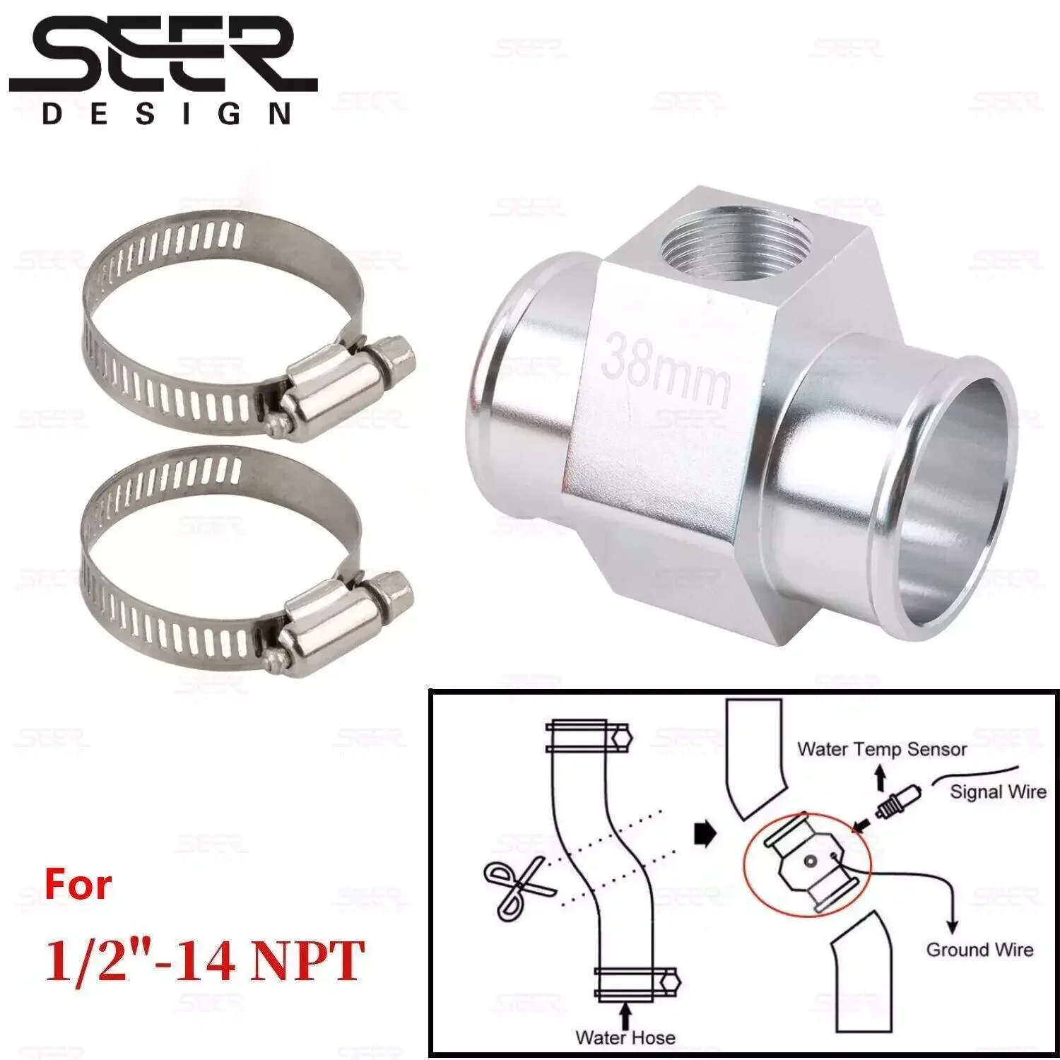 

38mm Joint Pipe Radiator Hose Adapter for 1/2" - 14NPT Water Temp Gauge Sensor Adapter Car Accessories