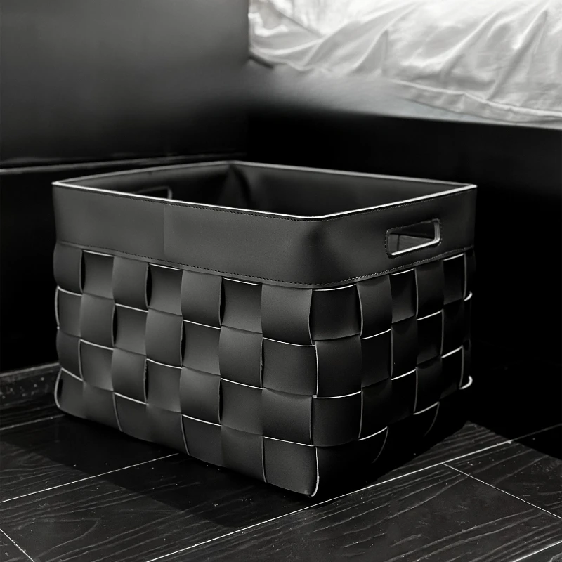 

High-grade Saddle Leather Clothing Storage Box Luxury Cloakroom Woven Basket Multi-functional Bedroom Underwear Storage