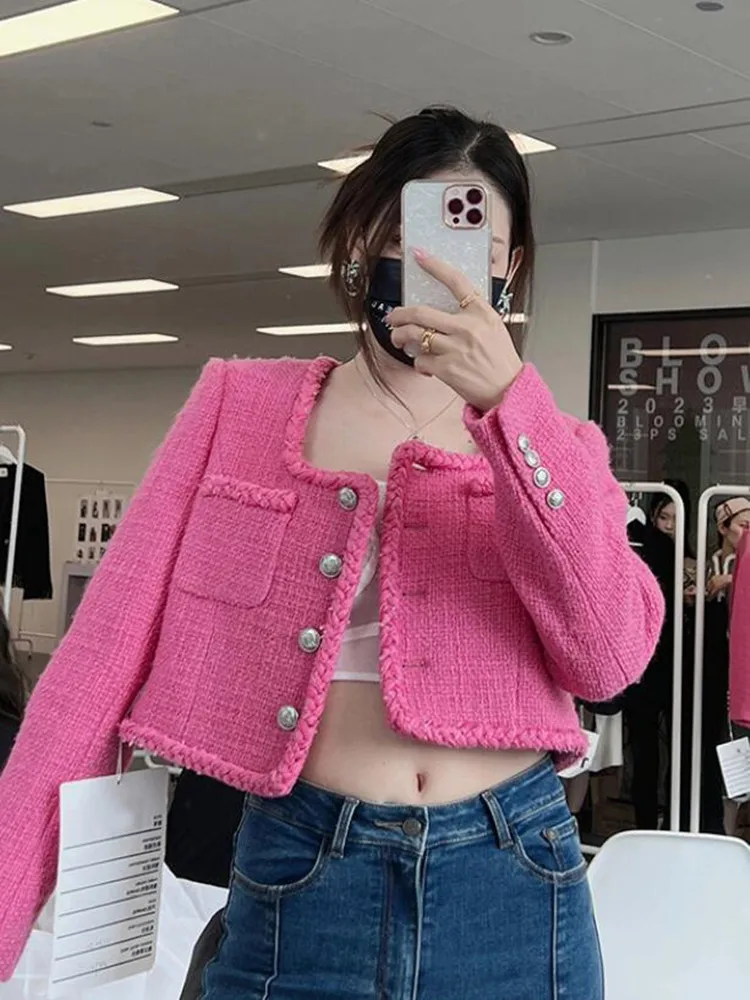 

Rose Red Short High Waist Small Fragrance Jacket Women's New Autumn High-End Ladies All-Match Chic Outwear s463