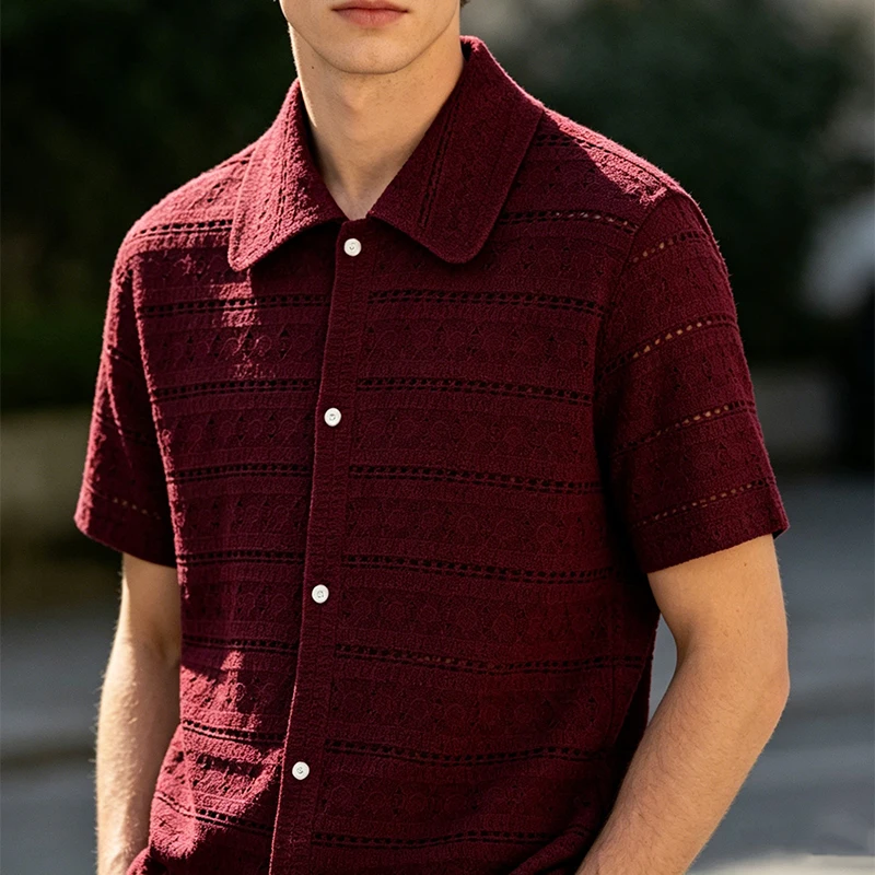 Stylish Mens Knitted Cardigan Top Summer New Casual Short Sleeve Buttoned Lapel Shirts Men Vintage Florals Hollow Out Knit Shirt