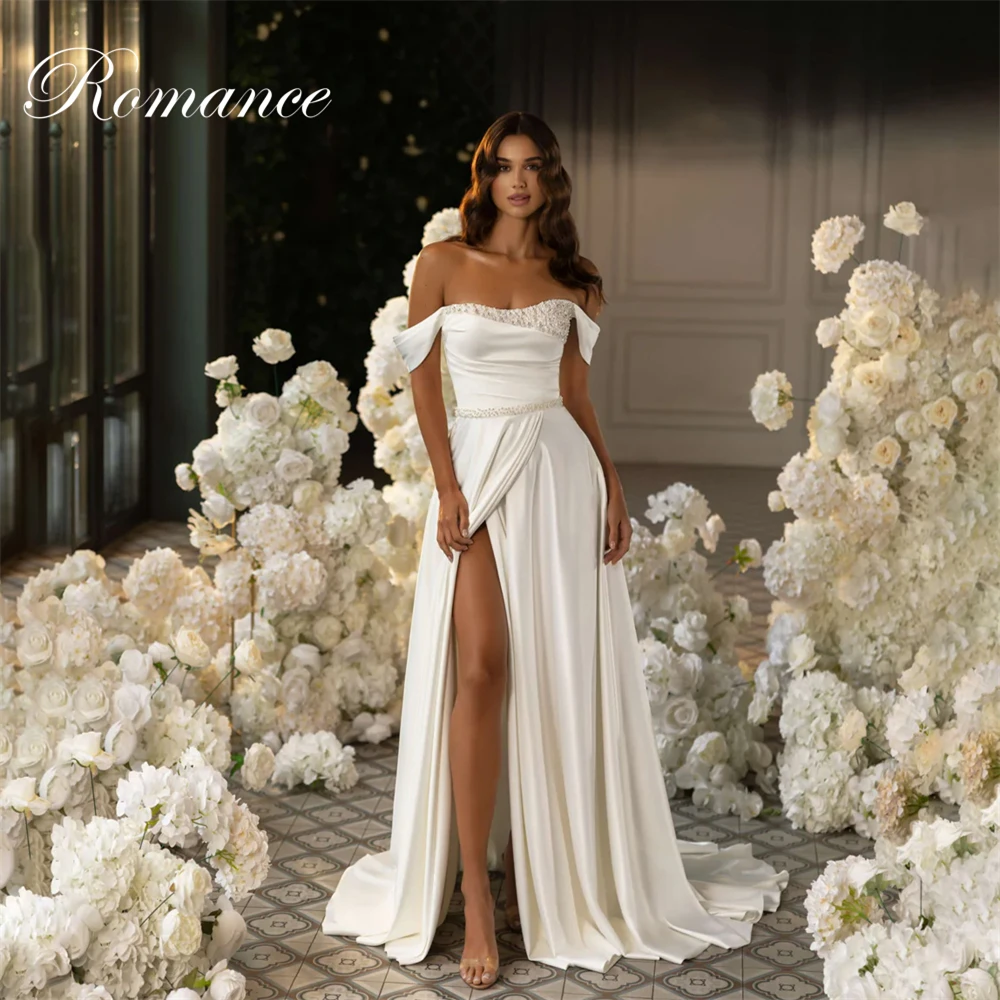 Modern Pleat Beading A-Line Wedding Dress Strapless High Slit Off The Shoulder Backless Bridal Gown Vestidos De Novia Customized