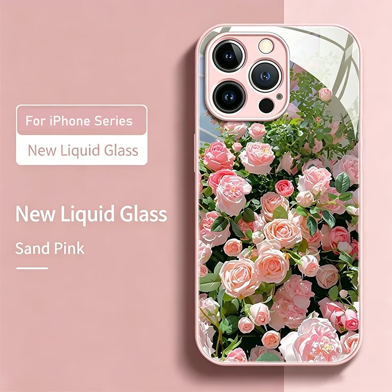 Pink Rose Floral Tempered Glass Phone Case For iPhone 15 14 13 12 11 Pro Max XR XS Max Shockproof Full Camera Protective Cover