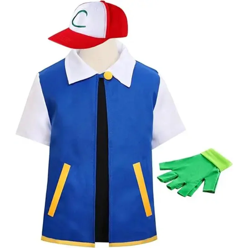 p-pokemoning-大人子供ユニセックスアニメコスプレケチャム服ブルージャケットコスチュームハロウィンパーティートレーナーキャップ手袋