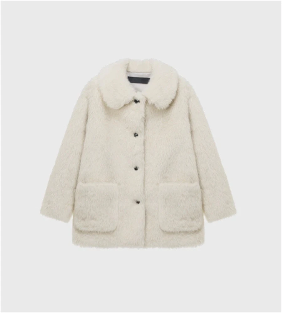 جاكيت فرو سميك كبير الحجم للشتاء من بريون، تصميم فضفاض كاجوال، مزيج من البوليستر والصوف، أكمام طويلة، ياقة بولو، مقاس عادي #4