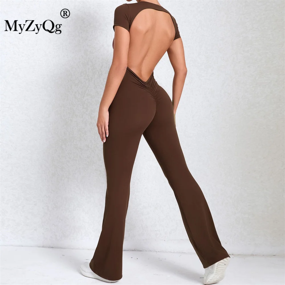 MyZyQg Women Ballet Dance Aerial Short Sleeve Yoga Jumpsuit Elastic Fitness Sports Tracksuit Gym Sportswear Flared Pants