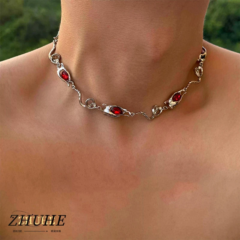 

Copper Material Men Women Jewelry Accessories Red Stone Embellished Asymmetric Wavy Choker Necklace Gothic Dark Academia Style S