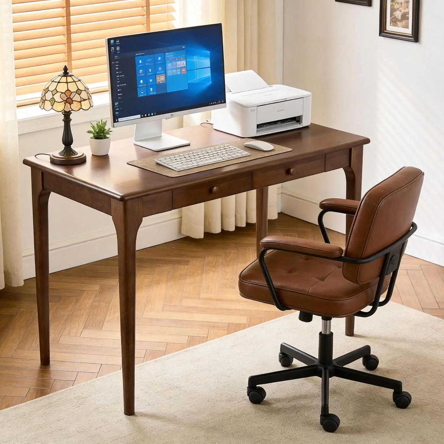 Walnut Solid Wood Desk with Drawers, Mid Century Modern Writing Computer Office Workstation for Home Bedroom, Customized