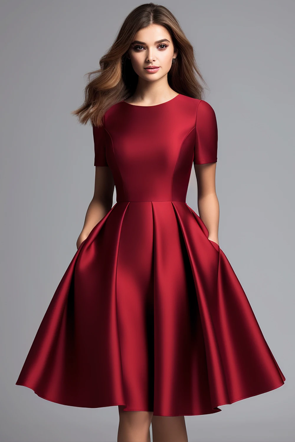 

Semi Formal Red Satin Pocket Midi Dress A-Line Short Sleeve Pleat Ruffles Tea-Length Prom Gown Dress